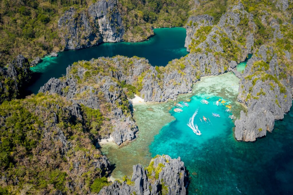 Aerial view of Big Lagoon (left) and Small Lagoon (right) in El Nido, Palawan, Philippines