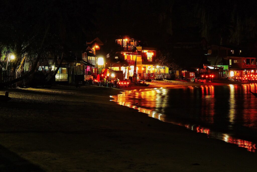 lively strip of beach bars and restaurants in El Nido Palawan Philippines