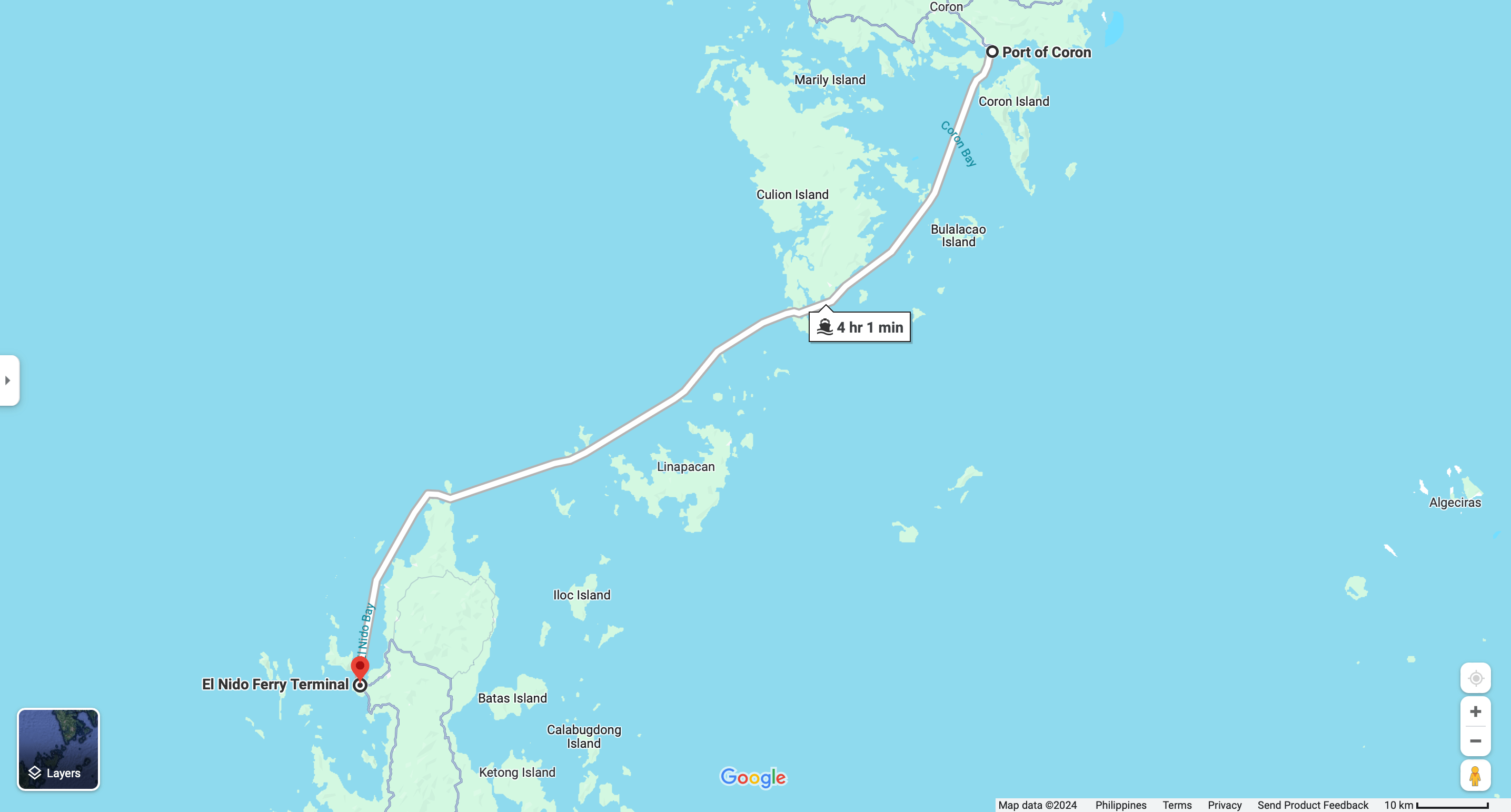 map of Coron to El Nido via ferry transfer with travel time of approximately 3.5 to 4.5 hours