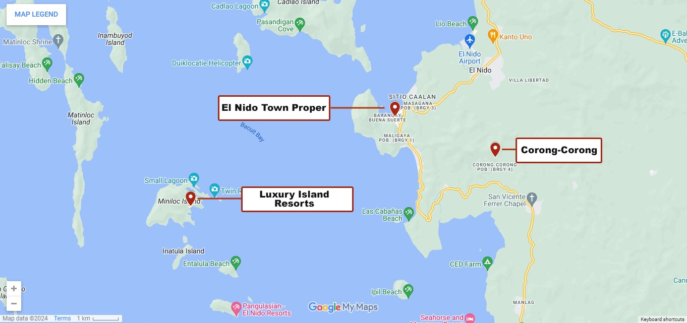 Google map of El Nido Accommodation options