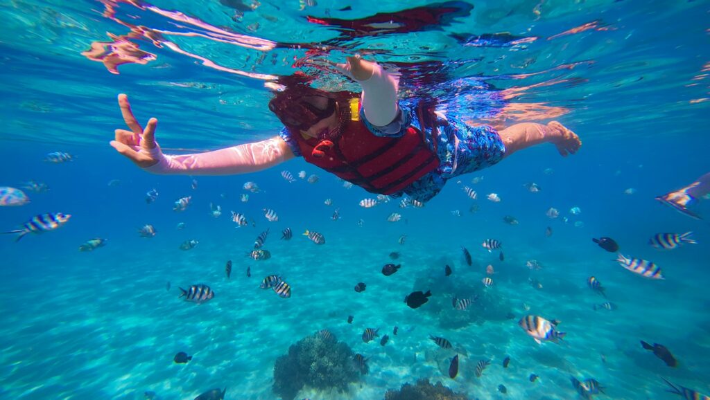 A man snorkeling among colorful fish and marine life.