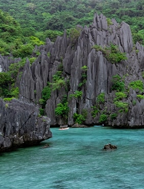 Cadlao Lagoon in El Nido, Palawan, Philippines surrounded by green trees and grey rocks, featuring crystal-clear turquoise waters