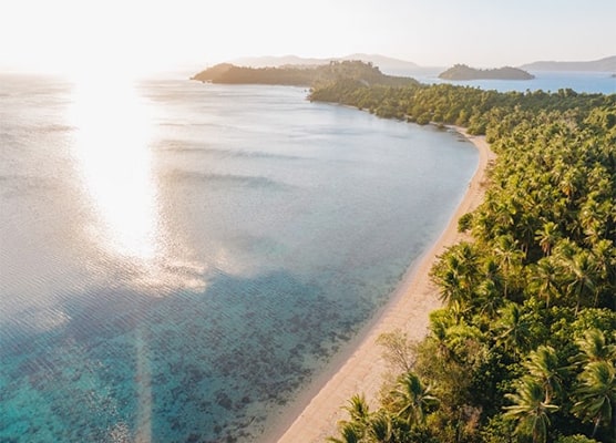 Tranquil scene at Port Barton Beach in Palawan, featuring soft white sand, clear turquoise waters, and lush palm trees