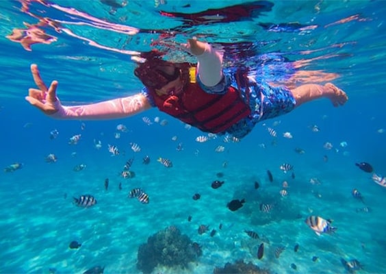 Tourist snorkeling in the clear waters of Palawan, surrounded by colorful coral reefs and schools of fish, with vibrant marine life visible beneath the surface