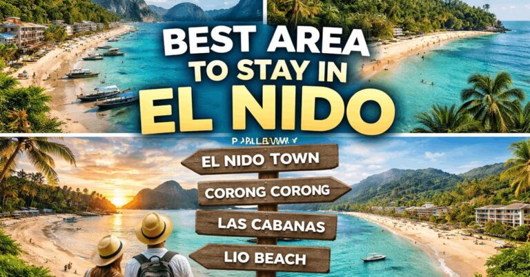 Collage of El Nido beaches showing El Nido Town, Corong Corong, Las Cabanas, and Lio Beach with scenic coastline views and directional signpost for best areas to stay in El Nido, Palawan.