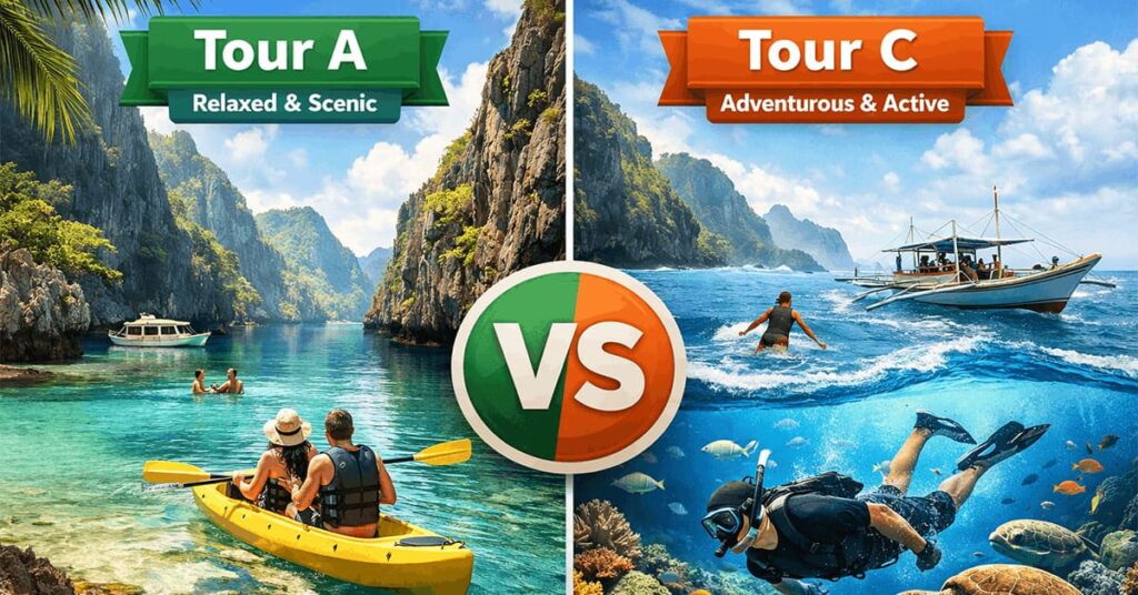 Visual comparison of El Nido Tour A and Tour C featuring relaxed lagoon kayaking versus active open-water snorkeling to help first-time visitors choose the right experience