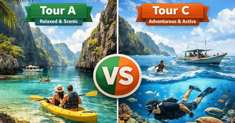 Visual comparison of El Nido Tour A and Tour C featuring relaxed lagoon kayaking versus active open-water snorkeling to help first-time visitors choose the right experience